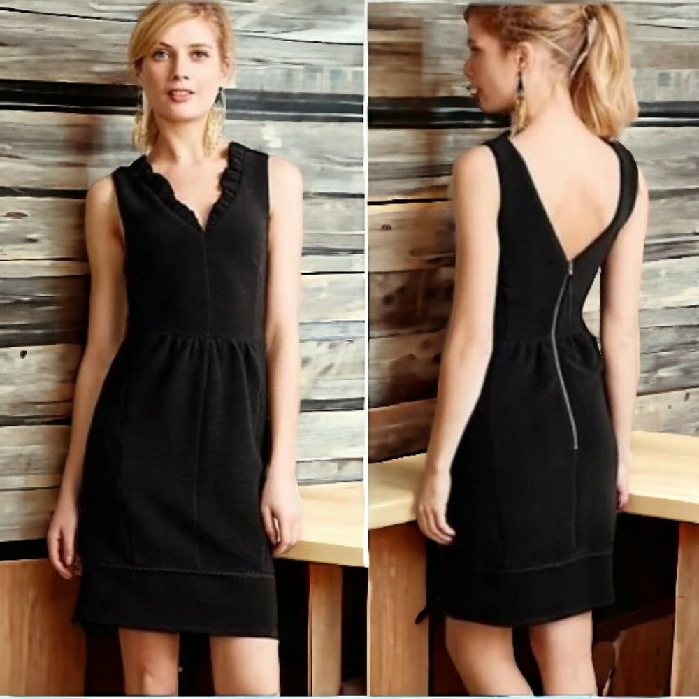 Maeve for Anthropologie Ottoman Sheath Dress w/Ruffled Neckline - Black - M